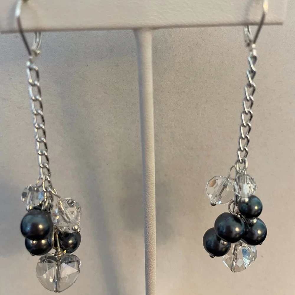 HAND CRAFTED Earrings Hearts Crystals Pearls Long Dangling